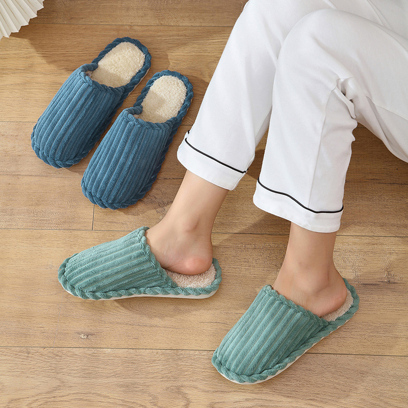 Striped slippers, home wholesale, street stall, furry slippers, women's winter anti-slip postpartum shoes, cat-petting cotton slippers for home use details Picture