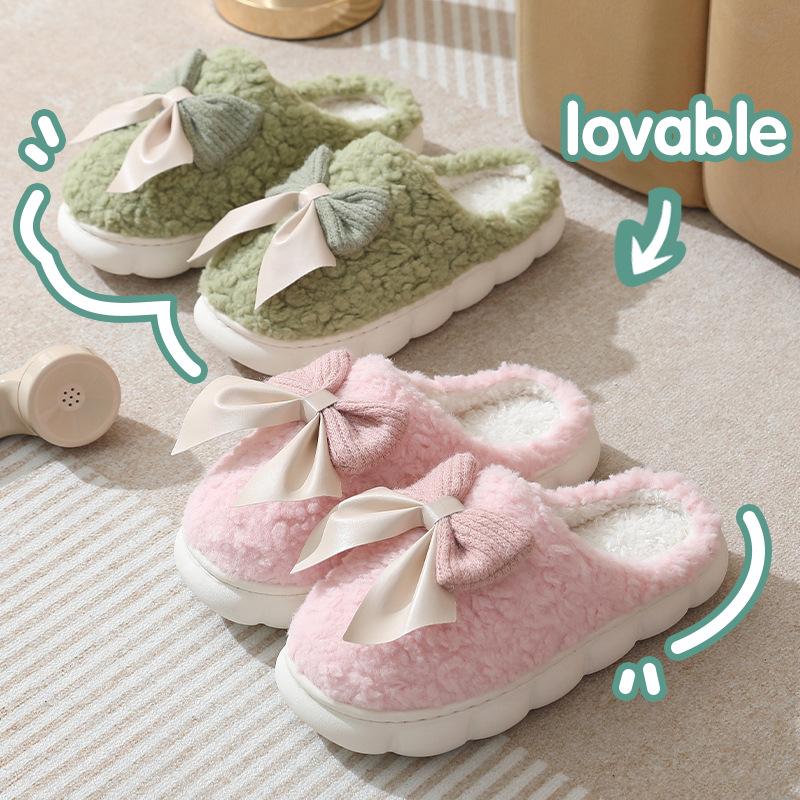 Bowknot poop feel bags and home cotton slippers. Home autumn and winter thick-soled anti-slip slippers. Women's street stall wholesale cotton slippers Specification drawing