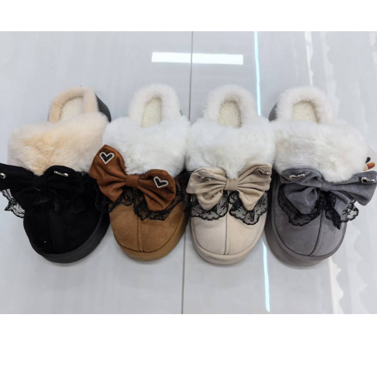 2025 New autumn and winter thick-soled fleece bow women's flip-flops with added fleece, thickened, warm and comfortable, essential wholesale for winter full figure