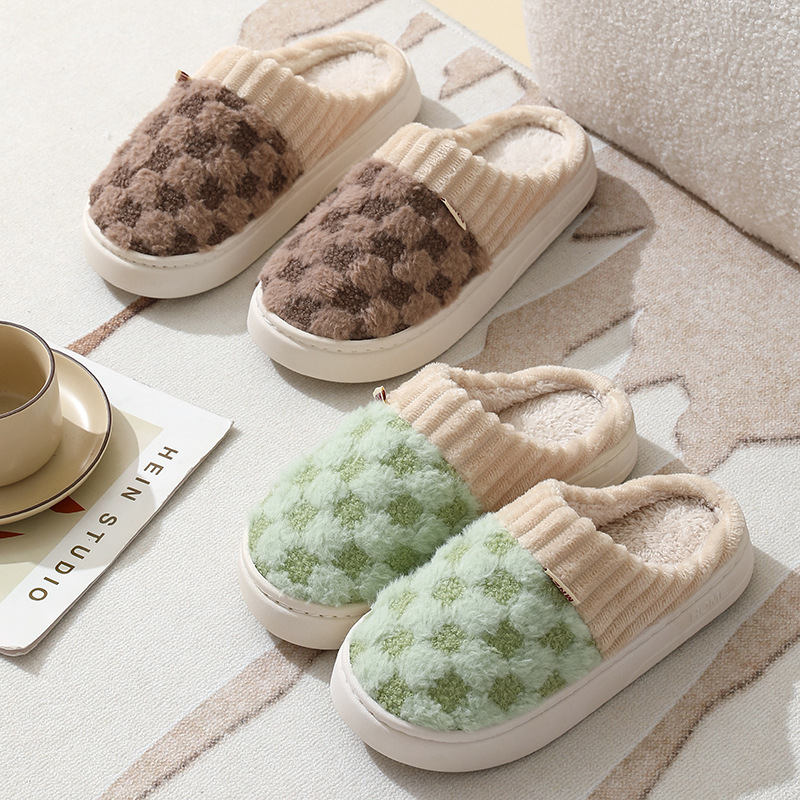 Autumn and winter thick-soled plush slippers for home use, women's indoor home, thickened and warm postpartum shoes, anti-slip cotton slippers for men full figure