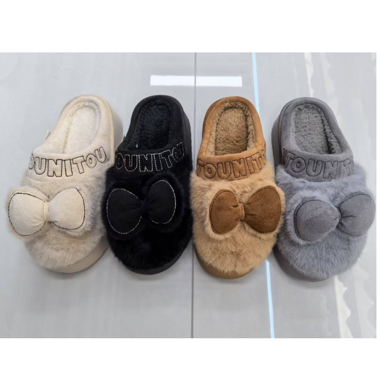 2025 New autumn and winter thick-soled fashionable bow women's flip-flops with added fleece and thickened texture, warm and comfortable, essential wholesale for winter full figure