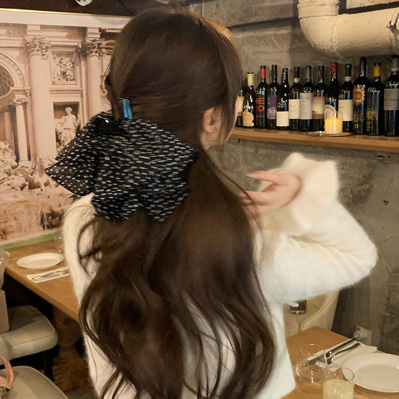 French retro mesh polka dot bow clipper, elegant and fashionable chiffon semi-clipper autumn and winter hair accessory, women's hair clip details Picture