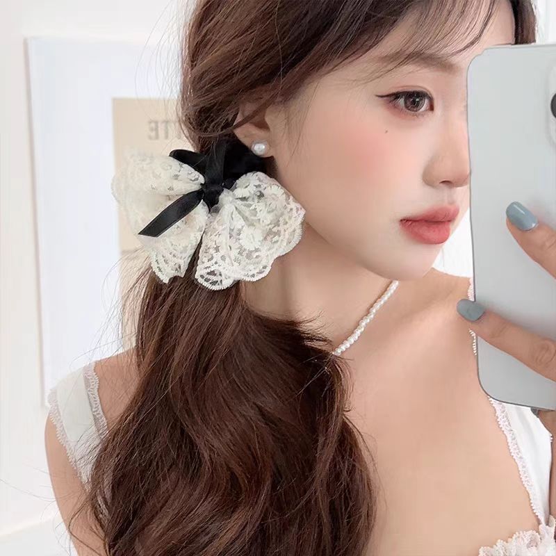 New lace bow tie large intestine hair band, Korean-style hair accessory, sweet hair tie, cute hair tie, rubber band, fashionable head accessory full figure
