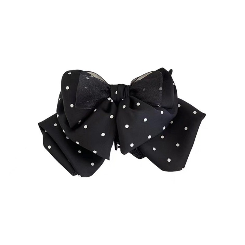 Korean-style polka dot satin bow ponytail clipper with a high-end and elegant look, upside-down hair at the back of the head, shark clip hair accessory Application Scenario