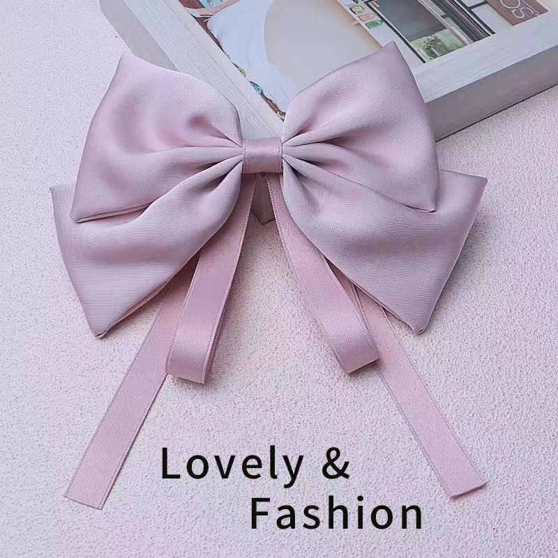 Korean version satin pink large bow spring hair clip, children's back of the head ribbon top hair clip, princess headwear full figure