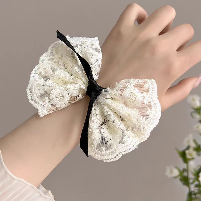 New lace bow tie large intestine hair band, Korean-style hair accessory, sweet hair tie, cute hair tie, rubber band, fashionable head accessory Specification drawing