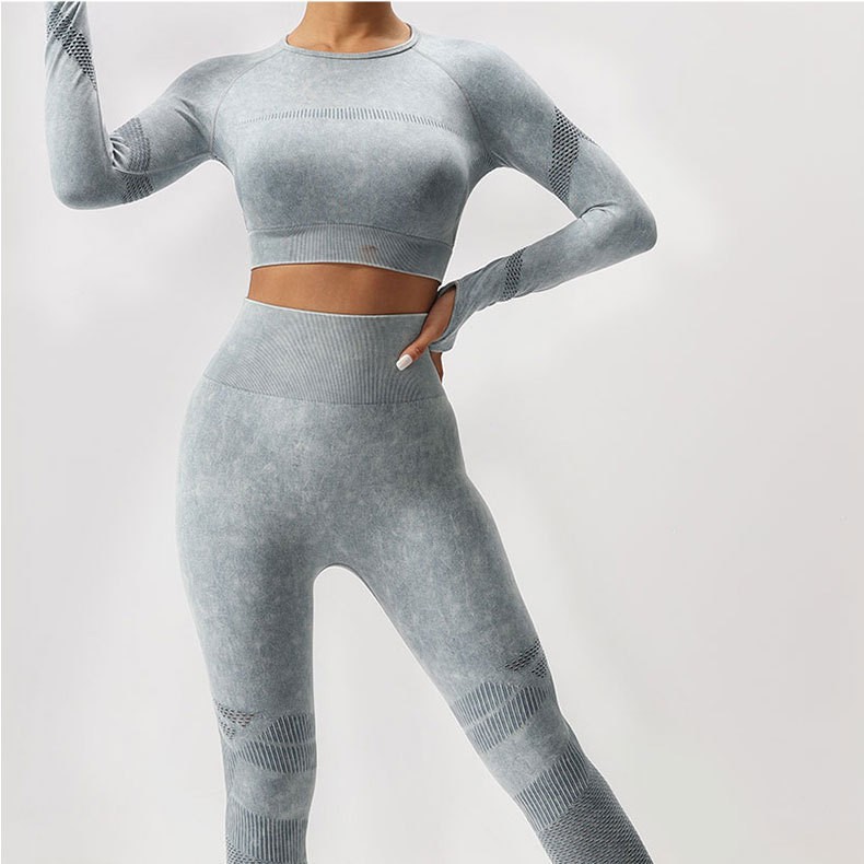 跨境水洗蜜桃臀健身裤运动套装女速干跑步紧身上衣无缝瑜伽服套装