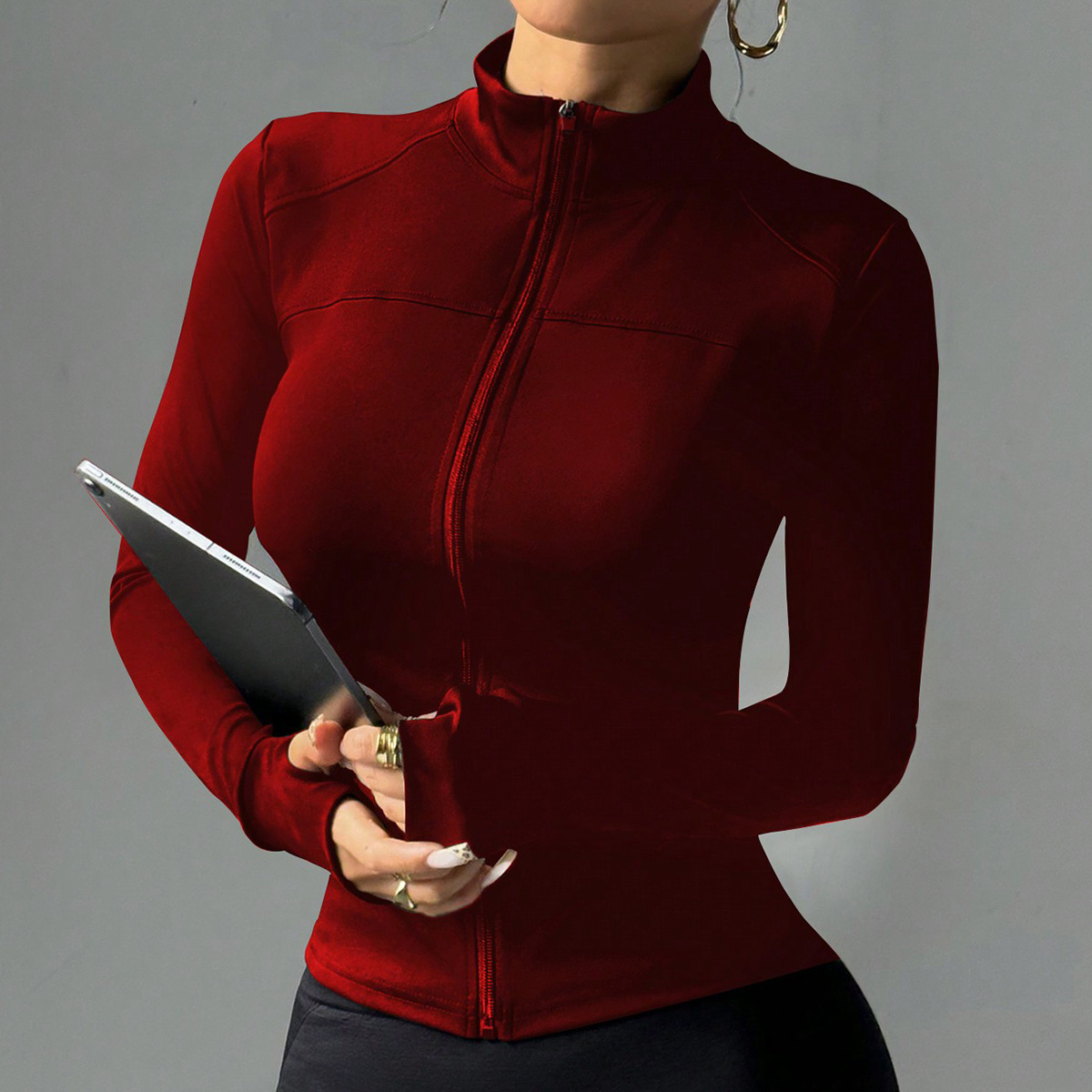European and American cross-border short sports yoga coat, slimming fitness zipper running sports long-sleeved coat Specification image