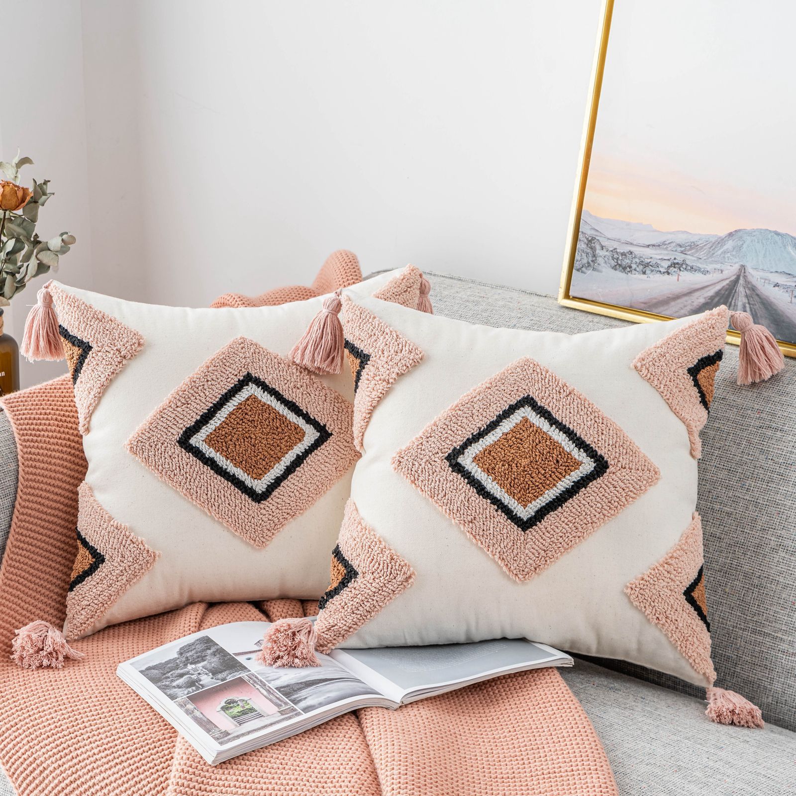 欧美方形抱枕boho波西米亚刺绣圈绒床头靠垫民宿客厅沙发靠枕摆件