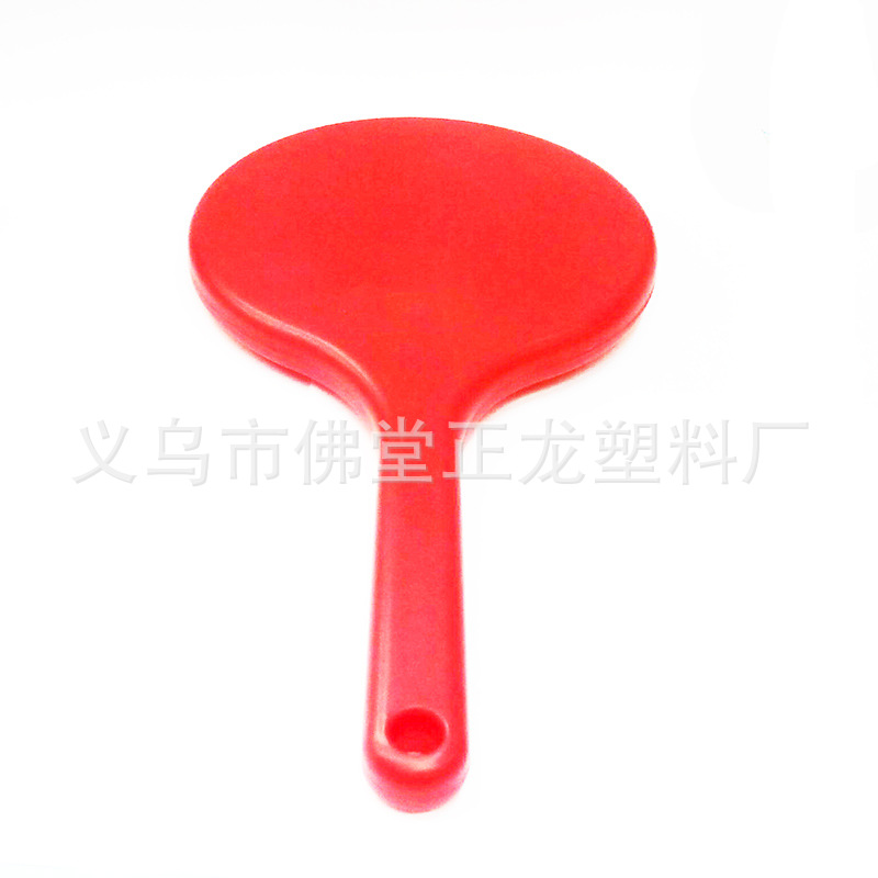 Round-headed single-sided hand-held makeup mirror with a red plastic handle. The back of the mirror is flat and can be printed with a LOGO