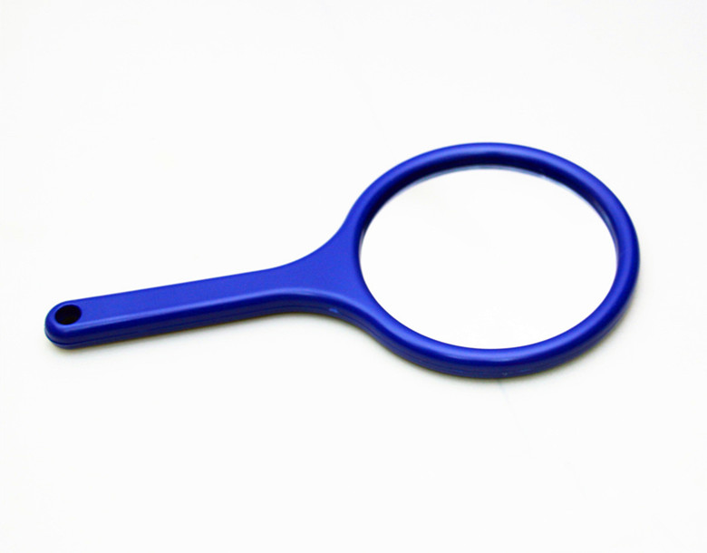 Round-headed single-sided hand-held makeup mirror with a red plastic handle. The back of the mirror is flat and can be printed with a LOGO Specification image