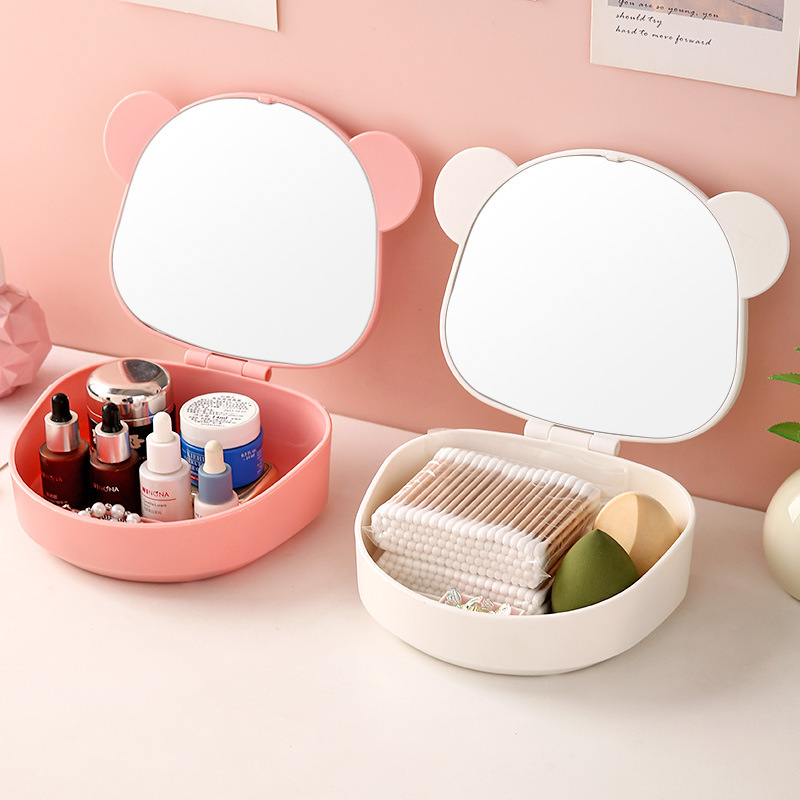 收纳猫耳镜ins风梳妆台镜子学生桌面折叠带收纳盒补妆公主化妆镜