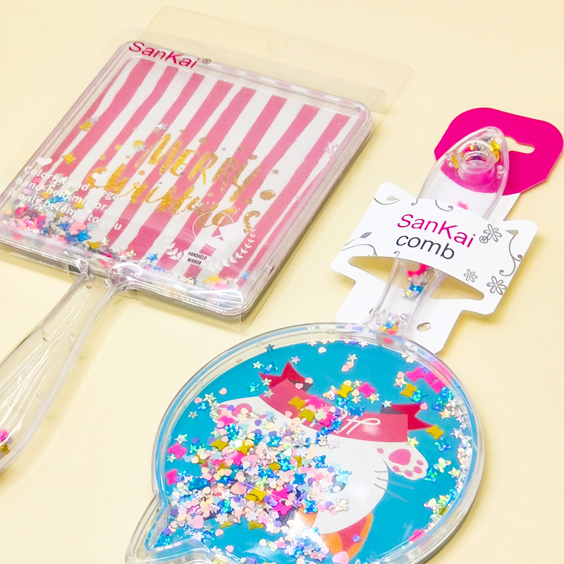 Cartoon handle quicksand portable mirror, makeup mirror, hand-held mirror, portable mirror, dormitory hand-held small mirror, girl details Picture