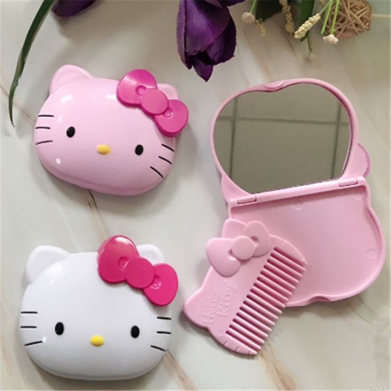Wholesale of creative cartoon children's mini mirror with comb, bedroom printed kitten foldable travel set Specification image