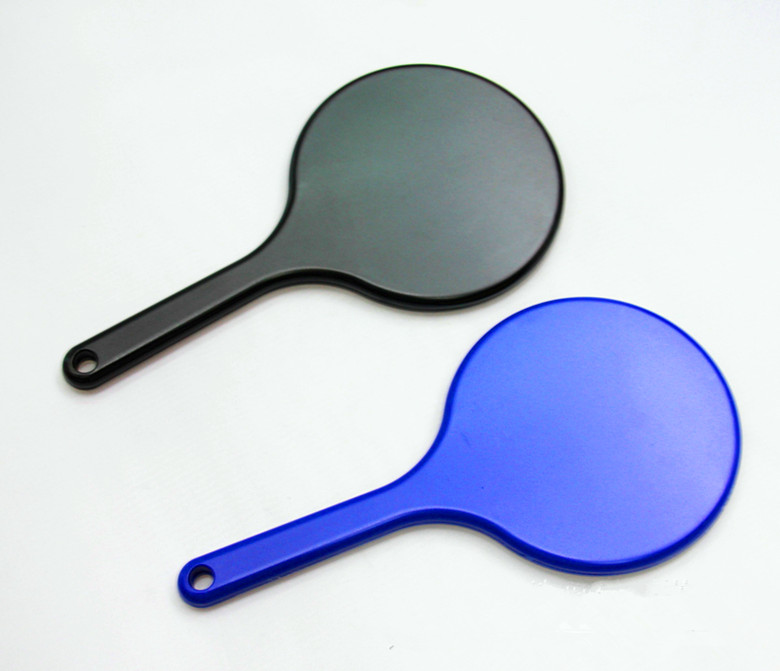 Round-headed single-sided hand-held makeup mirror with a red plastic handle. The back of the mirror is flat and can be printed with a LOGO details Picture