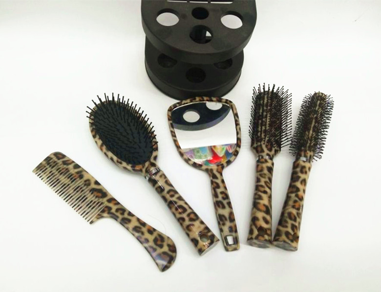 供应新款热销精品包装豹纹套装梳 镜梳套5pcs套装美发梳