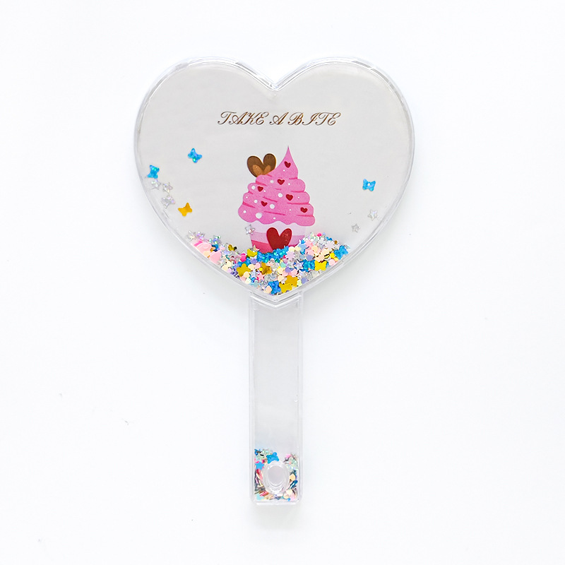Cartoon handle quicksand portable mirror, makeup mirror, hand-held mirror, portable mirror, dormitory hand-held small mirror, girl Specification image