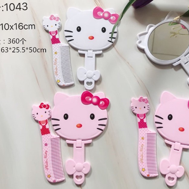 Wholesale of creative cartoon children's mini mirror with comb, bedroom printed kitten foldable travel set Item Picture