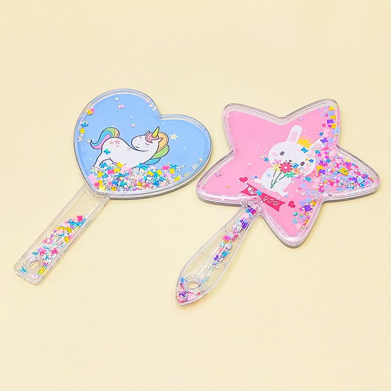 卡通手柄流沙便携镜化妆镜手持镜子随身镜宿舍手拿小镜子女