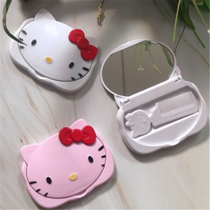 Wholesale of creative cartoon children's mini mirror with comb, bedroom printed kitten foldable travel set details Picture
