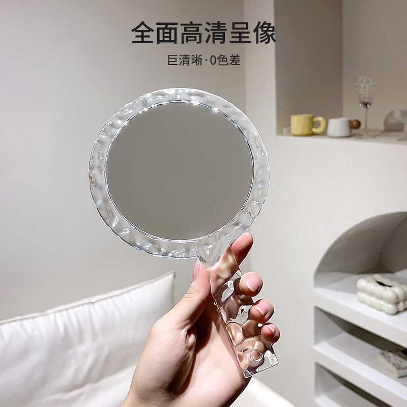 批发创意透明水波纹手柄化妆镜美容便携随身双面圆形放大手持镜子