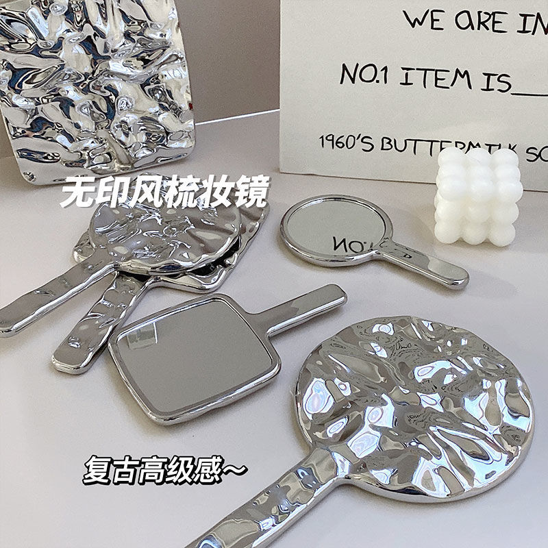 ins风电镀手柄镜随身化妆镜镜子便携创意水波纹手持镜批发详情3