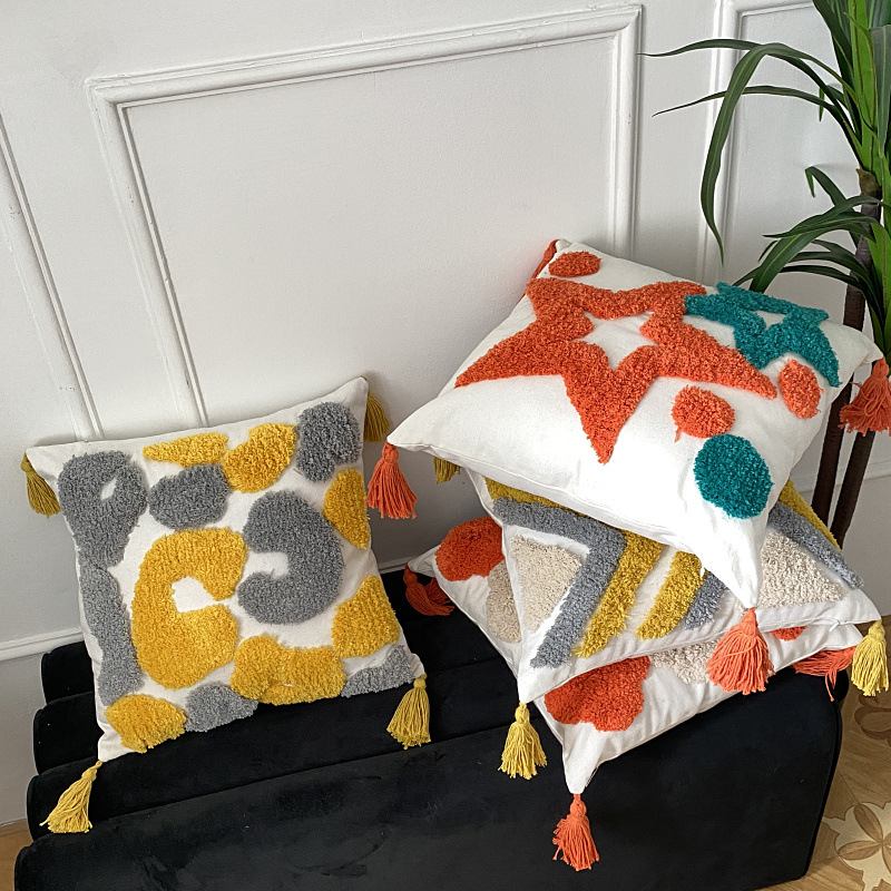 波西米亚风格簇绒几何五角星抱枕民宿热销沙发床头靠垫办公室腰枕