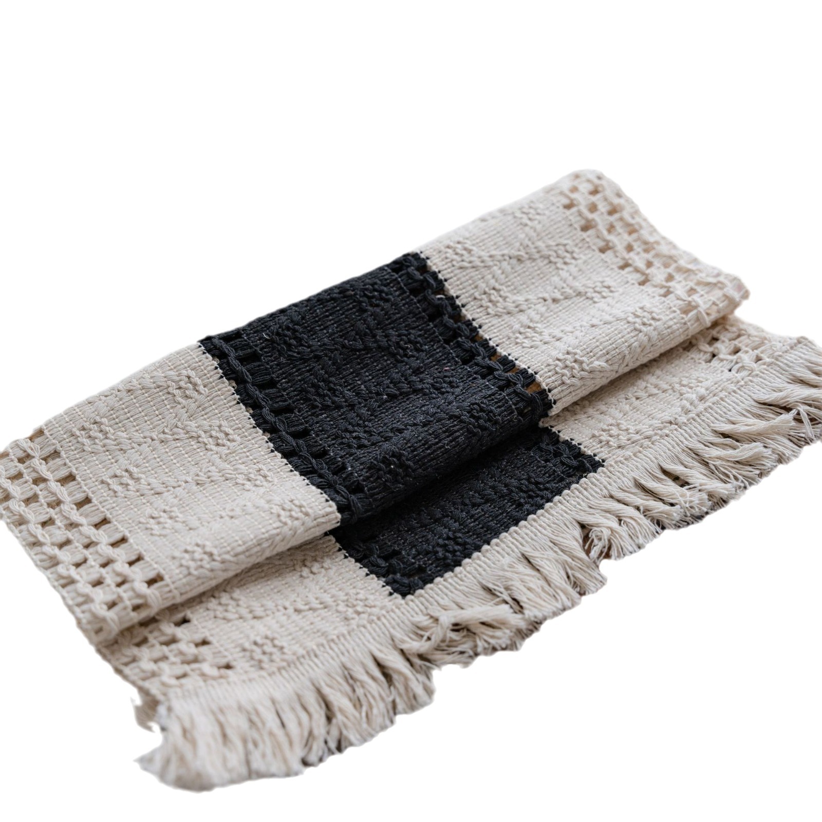 The table flag features black and white cotton thread with contrasting color stripes and woven tassels, made of natural materials for American festivals Application Scenario