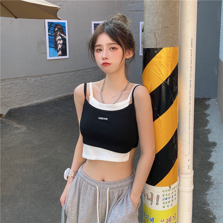 性感露脐假两件打底针织吊带背心女春夏无袖短款上衣内搭外穿详情1