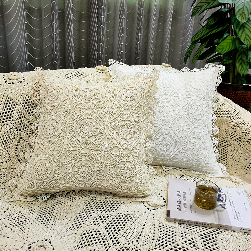 Handcrafted crocheted cotton thread woven hollowed-out beige retro living room sofa cushions at No. 5 Flower Street details Picture