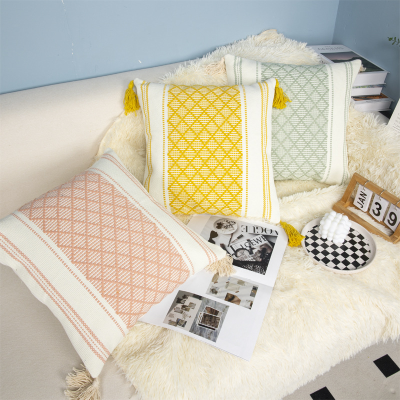 Nordic light luxury and simple style tassel hanging tassel color woven throw pillow sofa, office waist cushion, headrest cover Specification image