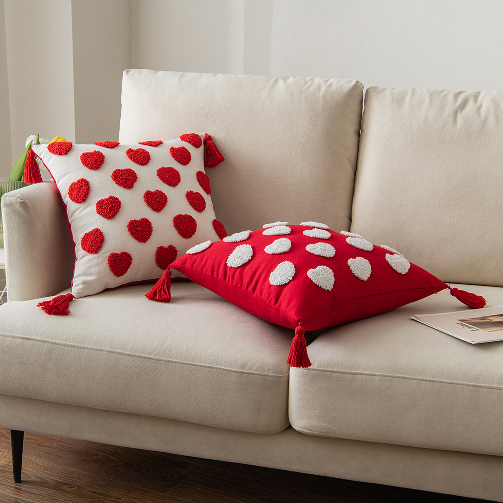 Embroidered heart-shaped, cute tufted tassels, geometric wedding characters, pillow cover and cushion