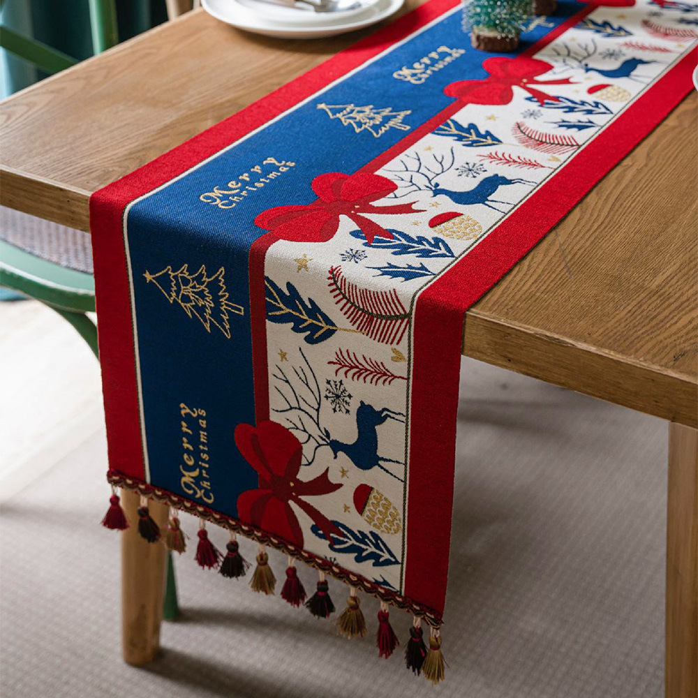 New Christmas-colored jacquard table flag, American retro Christmas dining room decoration, tassel cover, sideboard, bed tail flag Item Picture