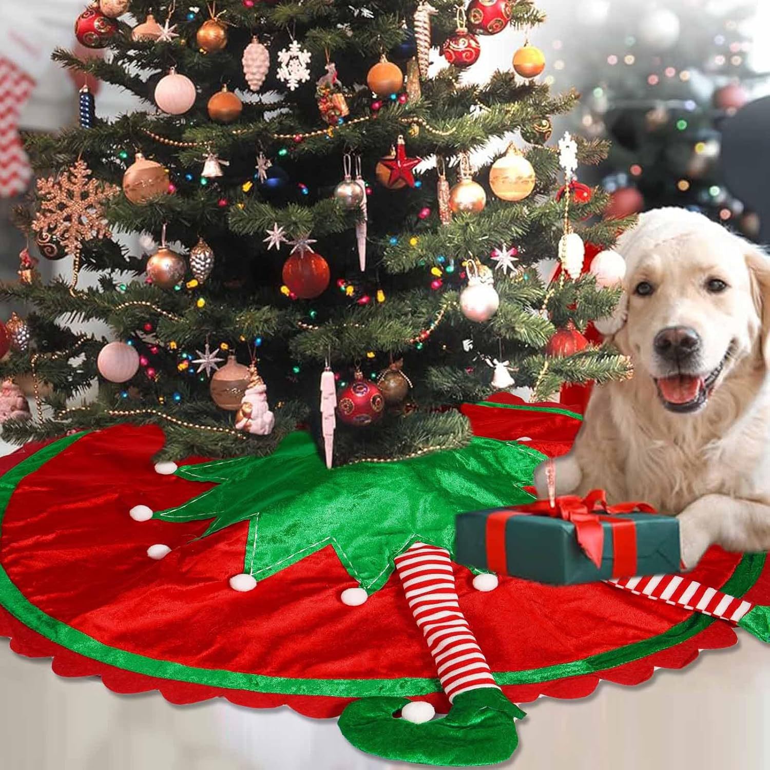 Cross-border new Christmas red and green long-legged fairy striped leg velvet tree dress Christmas tree dress decorative item