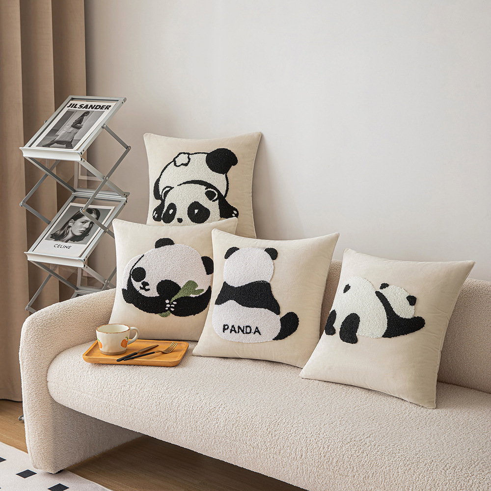 New embroidered cute panda throw pillows, modern and simple black and white ins living room homestay sofa bed cushions and pillows details Picture