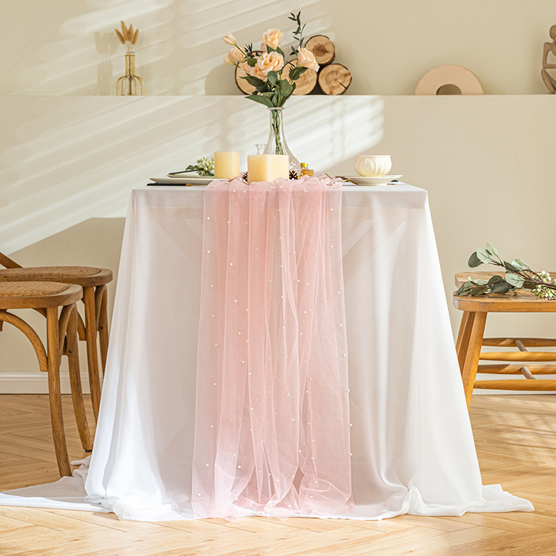 Romantic pearl gauze table flag, ins style, light luxury rectangular dining table and coffee table background decoration tablecloth, gauze table flag Item Picture