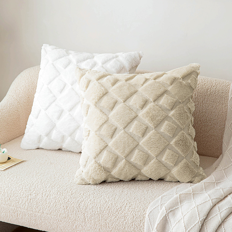 New embroidered wool geometric square throw pillow, quilted rabbit fur imitation modern and simple style cushion, embroidered home cushion cover details Picture