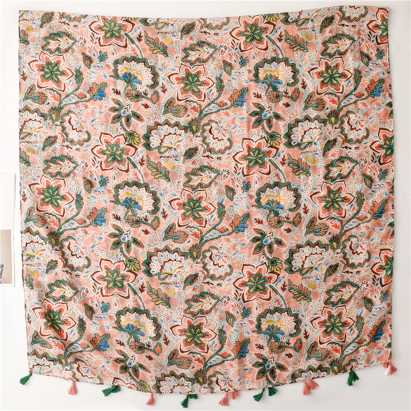 Bohemian ethnic style travel sun protection shawl, spring and summer thin silk scarf, Balinese gauze flower totem tassel scarf Specification image