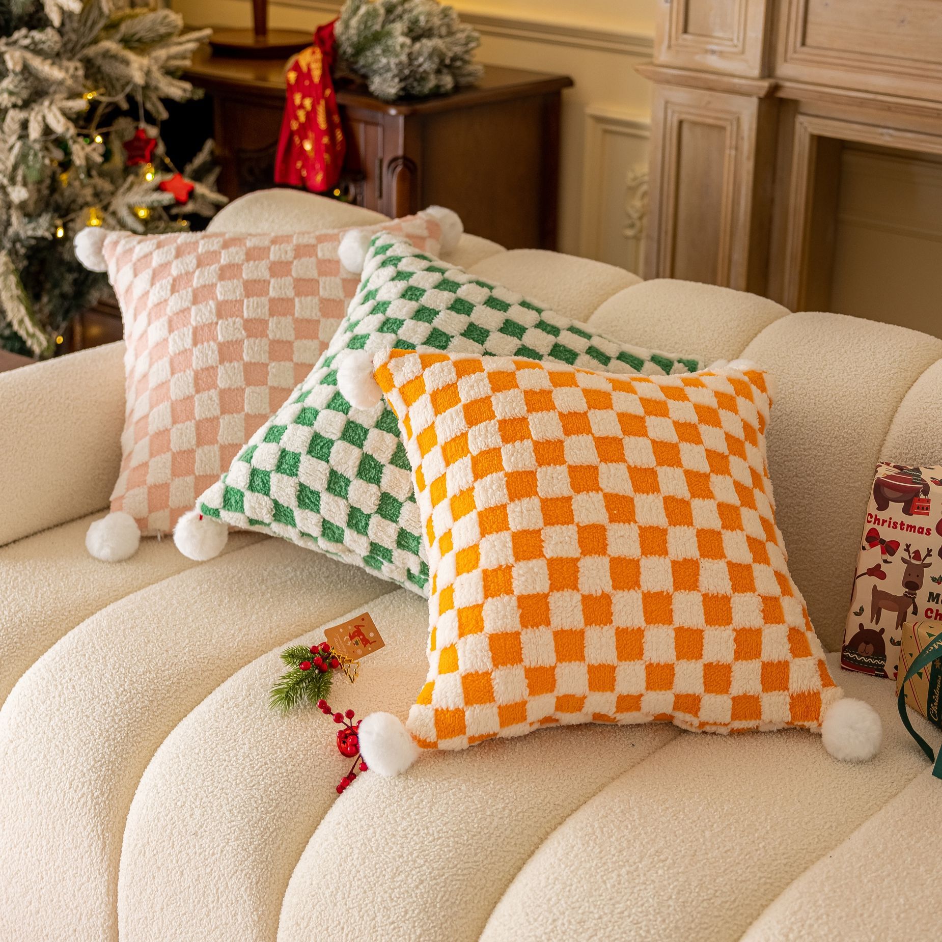 圣诞提花格子沙发抱枕套 圣诞节装饰靠枕+球球欧美新年客厅靠枕