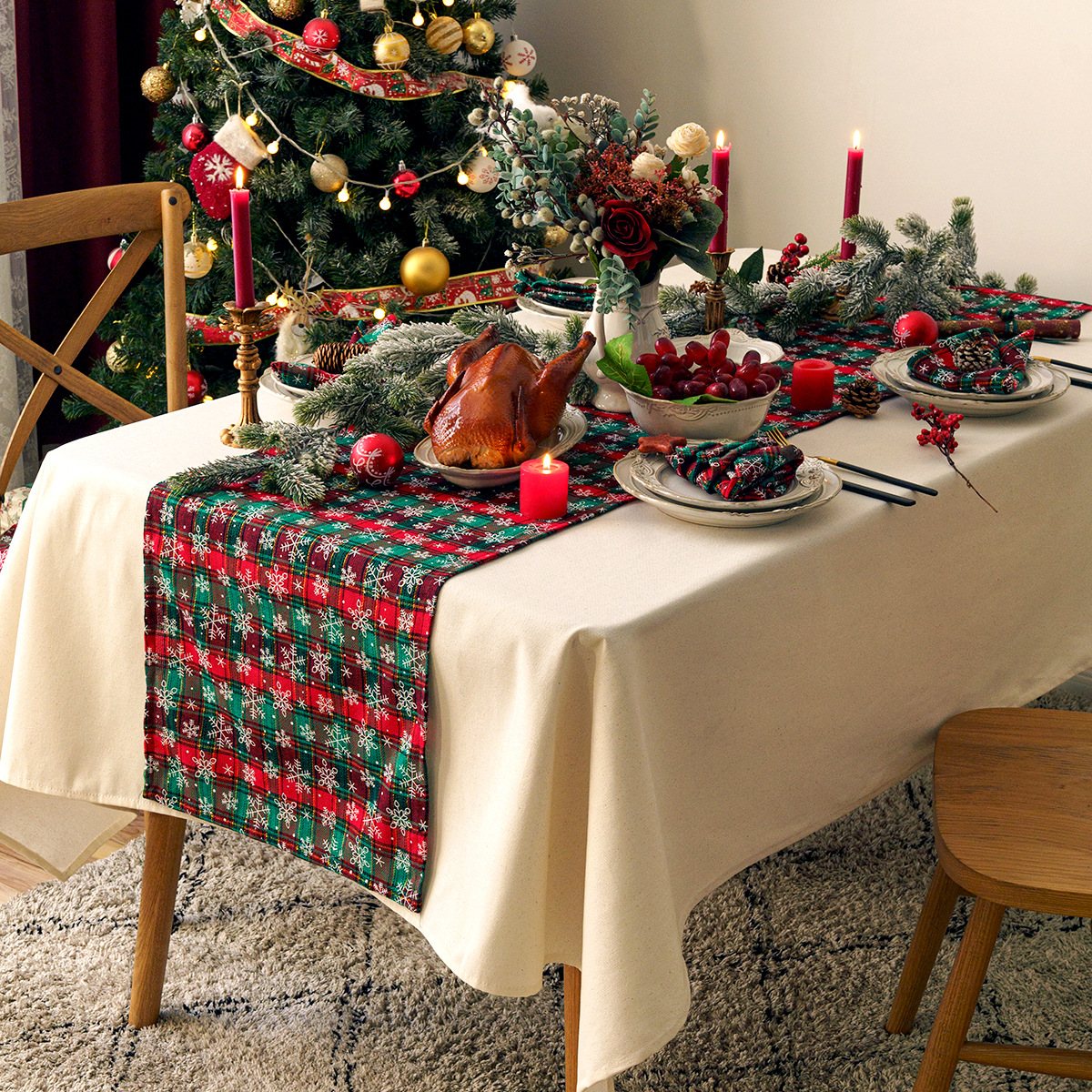New Year Green Snowflake checkered table flag placemats wholesale Christmas decoration kitchen New Year Western table MATS and tableware MATS