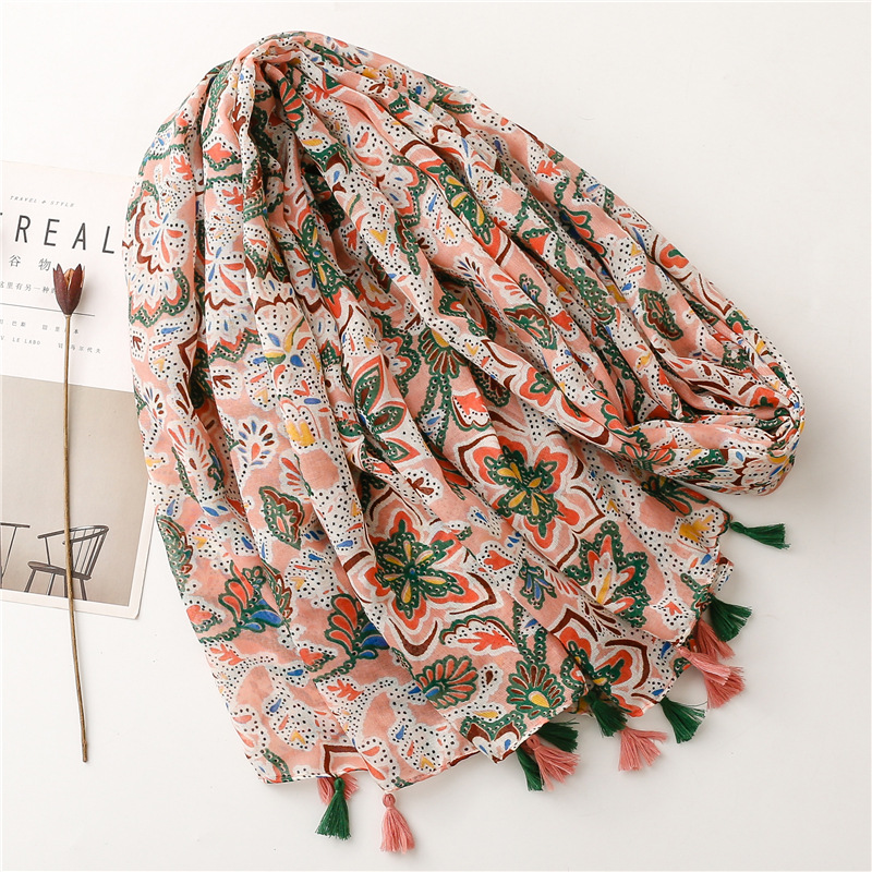 Bohemian ethnic style travel sun protection shawl, spring and summer thin silk scarf, Balinese gauze flower totem tassel scarf details Picture
