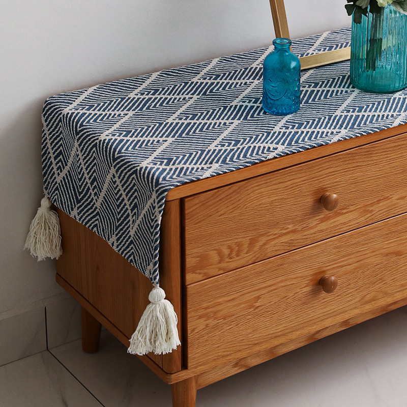 Cotton and linen TV cabinet, coffee table cover cloth, Japanese long table flag, furniture dust cover cloth, four-corner tassel decorative cloth Item Picture