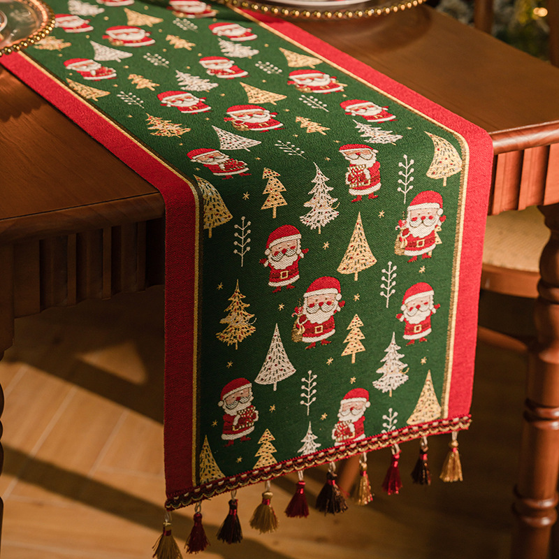 New Christmas-colored jacquard table flag, American retro Christmas dining room decoration, tassel cover, sideboard, bed tail flag