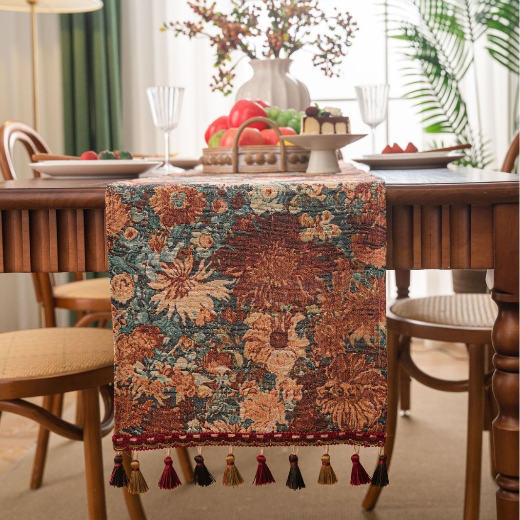 Table flag oil painting jacquard Monet to the sun tassel tea flag Dining flag long strip thickened factory direct supply Item Picture