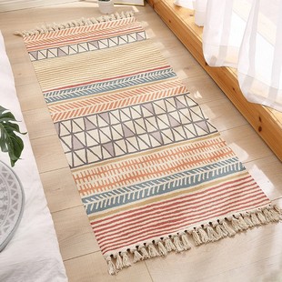 Cross-border Nordic ethnic style cotton and linen printed retro plain thin carpet study and bedroom floor mat, hand-woven pic 15