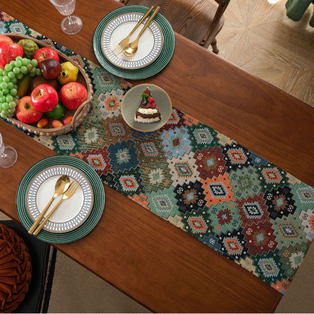 Yimanqi Yun table flags, retro colored jacquard diamond-shaped geometric tassels, tea flags and dining flags, long and thickened, factory direct supply details Picture