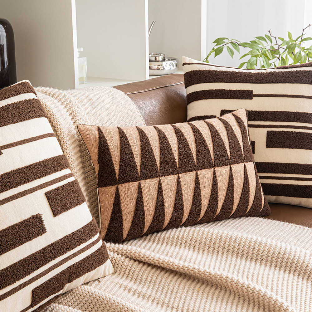 Ins-style geometric embroidery throw pillow, Maillard color sofa cushion cover, modern and simple knitted back pillow, waist pillow