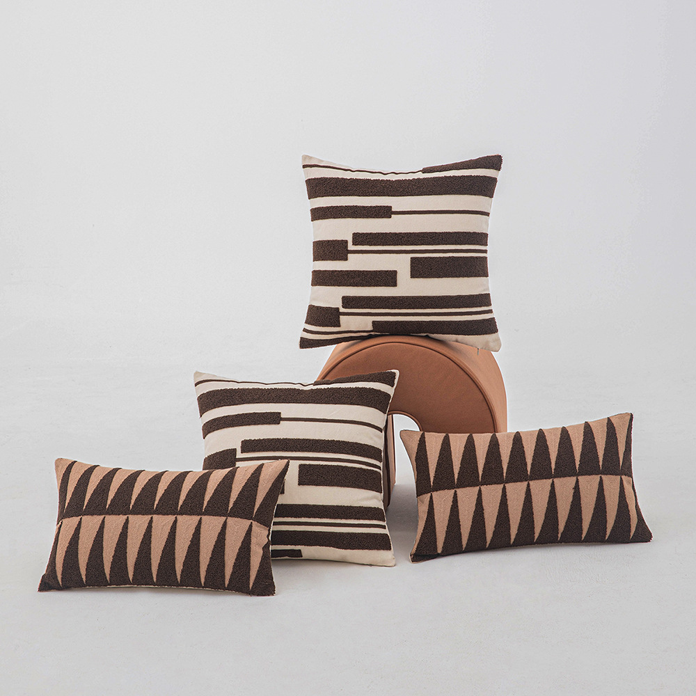 Ins-style geometric embroidery throw pillow, Maillard color sofa cushion cover, modern and simple knitted back pillow, waist pillow Specification image