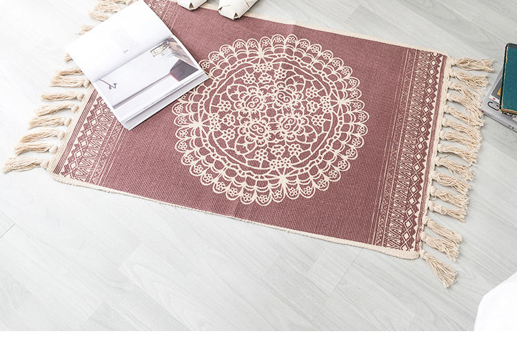 Cross-border Nordic ethnic style cotton and linen printed retro plain thin carpet study and bedroom floor mat, hand-woven pic 33