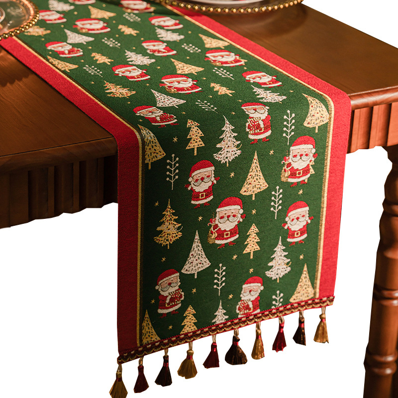 New Christmas-colored jacquard table flag, American retro Christmas dining room decoration, tassel cover, sideboard, bed tail flag Application Scenario